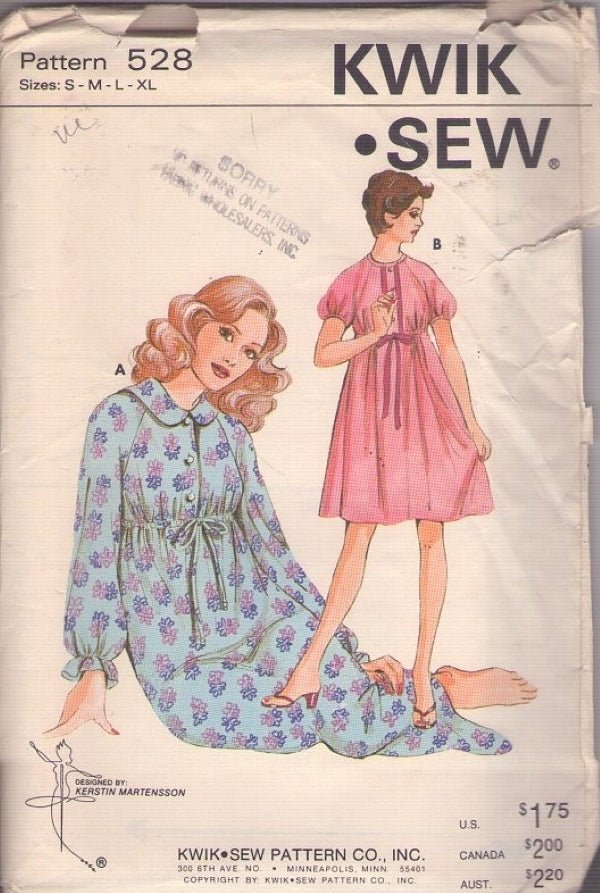 Kwik Sew 528 Vintage 70's Sewing Pattern Prissy Flared Raglan Sleeve Nightgown, Nightie, Dressing Gown Set Size S-XL