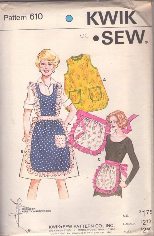 Kwik Sew 610 Vintage 70's Sewing Pattern Housewife Apron Set, Half, Bib, Smock Type Aprons One Size for Most