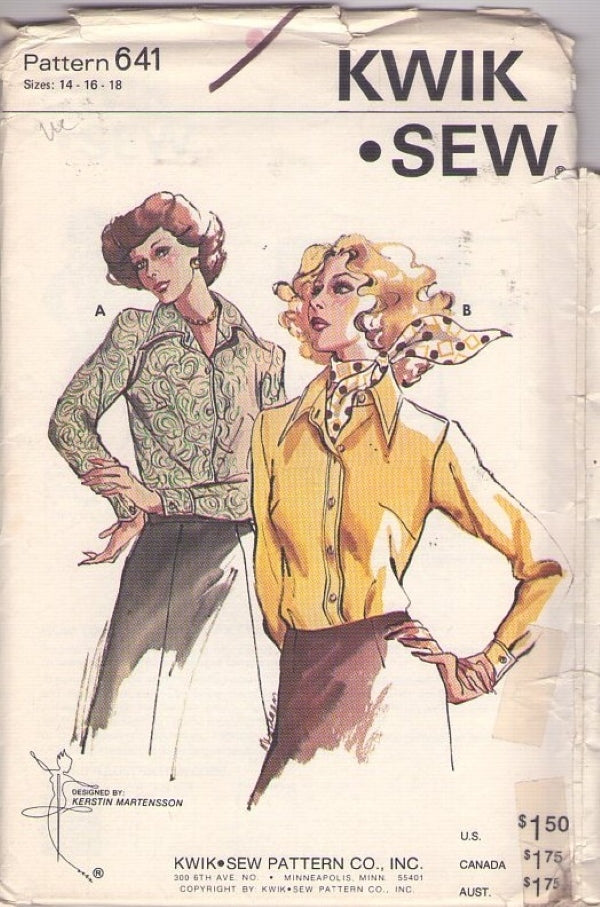 Kwik Sew 641 Vintage 70's Sewing Pattern Dart Fitted Disco Blouse Front Button Band Size 14-18