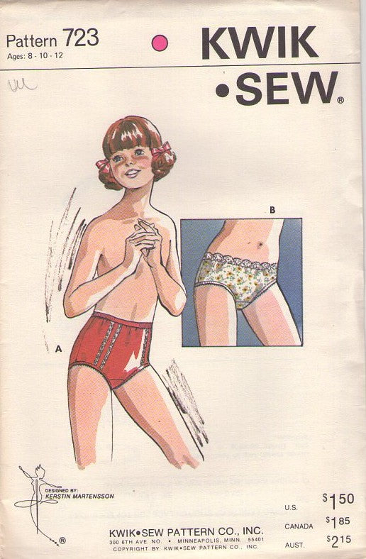 Kwik Sew 723 Vintage 70's Sewing Pattern Girl's Underwear, High Waist, Lace Inset, Vanity Fair Style, Brief or Bikini Panties, Underwear, 2 Styles Size 8-12