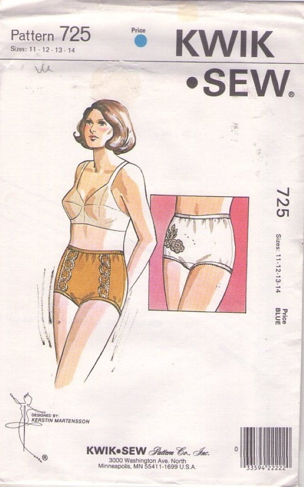 Kwik Sew 725 Vintage 70's Sewing Pattern Modest Lace Trim Brief Pinup Panties Set, 2 Applique Styles Size 11-14