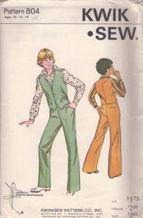 Kwik Sew 804 Vintage 70's Sewing Pattern Teen Boys' Suit, Napoleon Dynamite, Dance Party, Suit Vest & Trousers Size 10-14