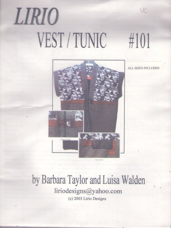 Lirio Designs 101 Retro 2003 Sewing Pattern Vest Set, Kimono Style Lined Vest, Tunic Top, Wearable Art Jacket Size 33-42