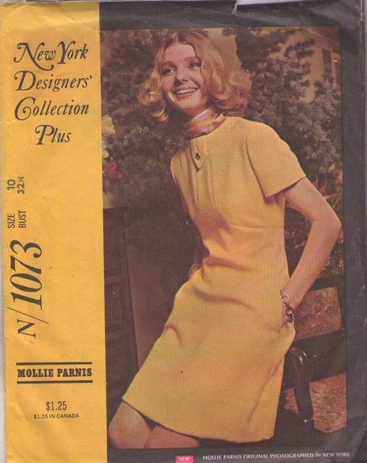 McCall's 1073 Vintage 60's Sewing Pattern Mod Dress, Designer Mollie Parnis, New York Designer Collection Plus, Tab Trim Dress Size 10