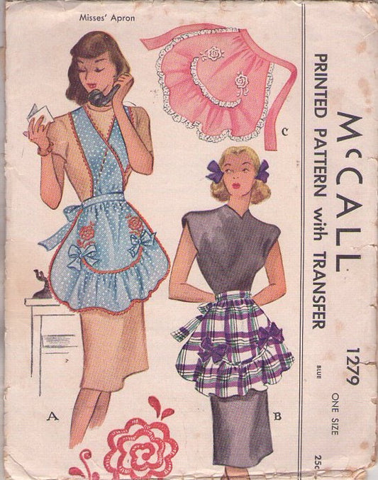 McCall's 1279 Vintage 40's Sewing Pattern Aprons, Frilly Half Apron, Bib, Floral Rose Embroidery 3 Styles