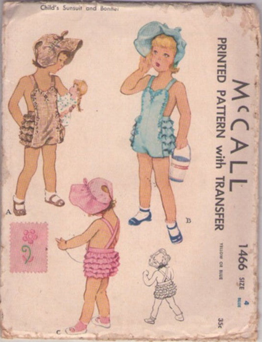 McCall's 1466 Vintage 40's Sewing Pattern Toddler Sunsuits, Shaped Bib Front Ruffle Rhumba Bottom Sunsuit, Floral Embroidery Transfer, Flap Brim Sun Bonnet Size 4