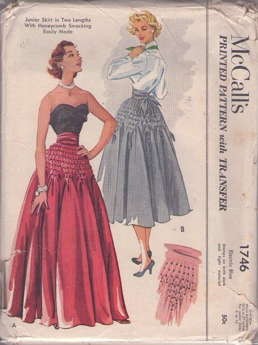 McCall's 1746 Vintage 50's Sewing Pattern Rockabilly Evening Skirt, Honeycomb Smocking, 2 Lengths, Evening Styles Size 9-15