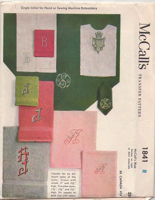 McCall's 1841 Vintage 50's Sewing Pattern Monogram Crafts, Embroidery Iron On Transfer for Letter R, Many Sizes & Styles for Linens & More