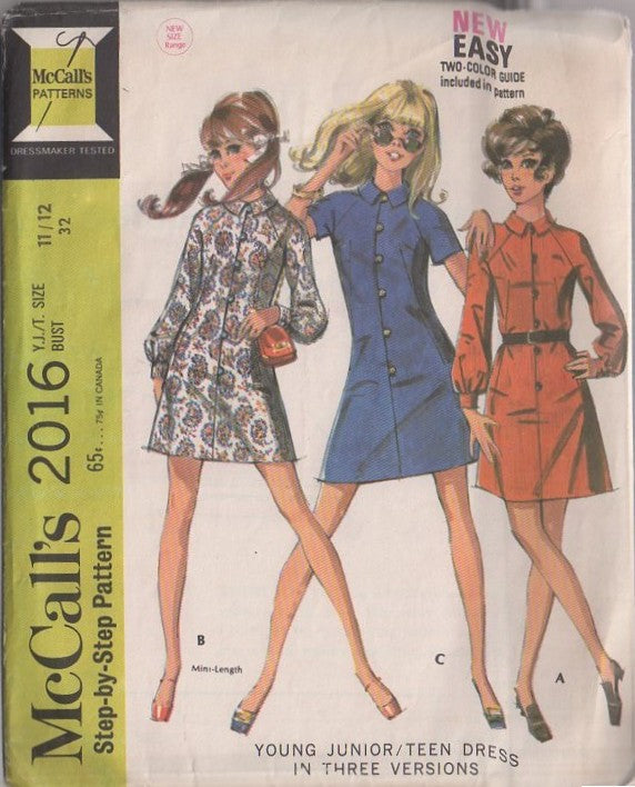 McCall's 2016 Vintage 60's Sewing Pattern Mod Dress Set, Mini & Micro Mini Raglan Sleeve Button Band Shirt Dress Size 11/12