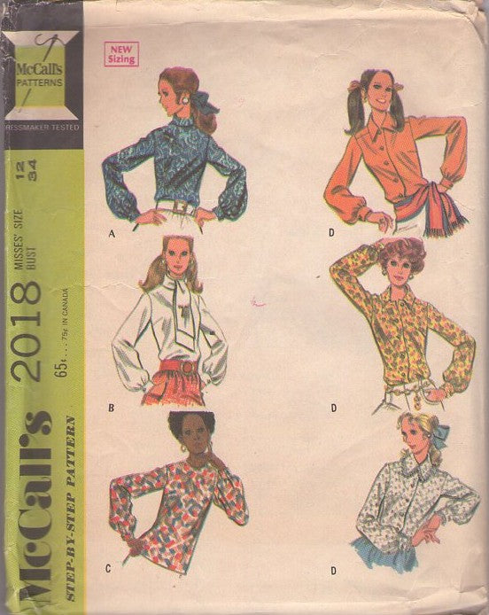 McCall's 2018 Vintage 60's Sewing Pattern Mod Shirts, Office Secretary Day Blouse Set, Buttons, Tie Collar, Sash Tie Size 10