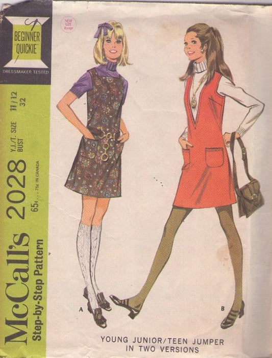 McCall's 2028 Vintage 60's Sewing Pattern Mod Dress, Twiggy Jumper, Square Neck Mini Dress or DEEP Plunging V Neck Jumper Size 11/12