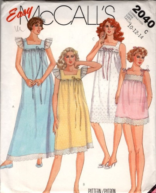 McCall's 2040 Vintage 80's Sewing Pattern Easy Modest Nightgown Set, Cottagecore, Summer, Shortie Babydoll, Long, Lace Ruffles Size 10-14