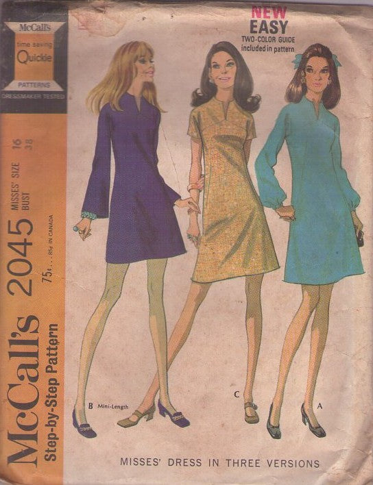 McCall's 2045 Vintage 60's Sewing Pattern Mod Dress Set, Bell Sleeves, Slit Yoke, Mini Gogo, 3 Styles Size 16