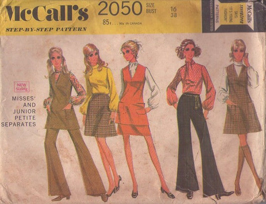 McCall's 2050 Vintage 60's Sewing Pattern Mod Separates, Secretary Mix & Match Tie Collar Blouse Top, V Neck Jumper, Dress, Tunic, A-Line Mini Skirt & Pants Size 16