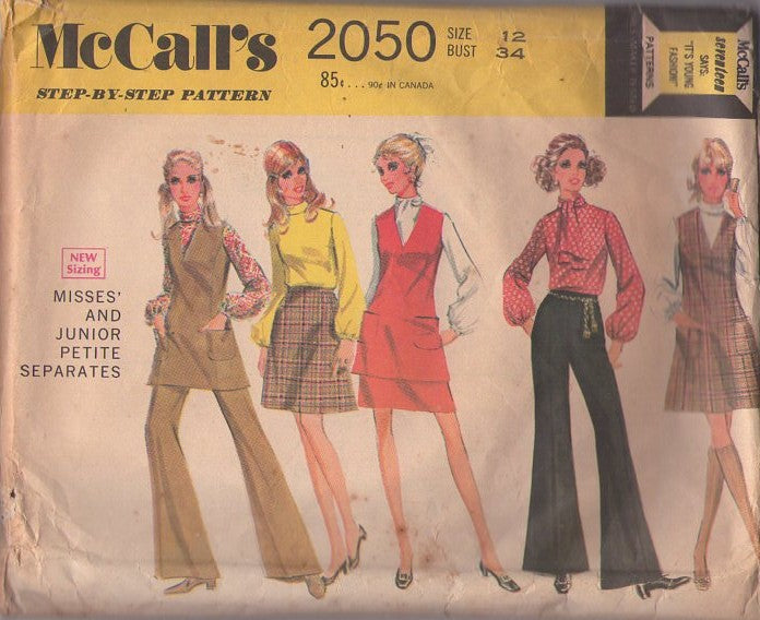McCall's 2050 Vintage 60's Sewing Pattern Mod Separates, Secretary Mix & Match Tie Collar Blouse Top, V Neck Jumper, Dress, Tunic, A-Line Mini Skirt & Pants Size 12
