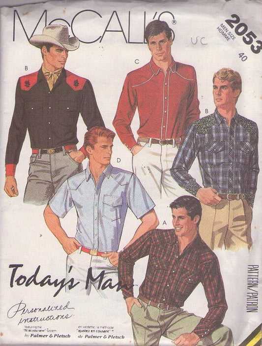 McCall's 2053 Vintage 80's Sewing Pattern Western Shirts, Today's Man, Button or Snaps, Short or Long Sleeve Cowboy Shirt Set, 4 Styles 40" Size L