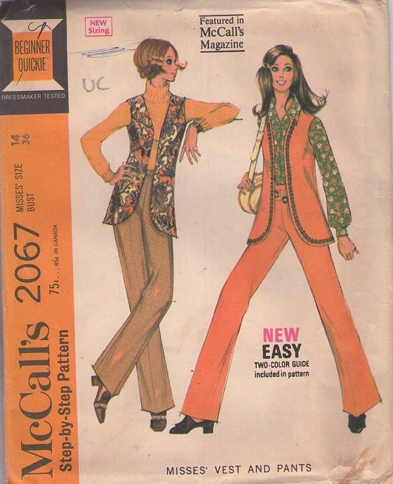 McCall's 2067 Vintage 60's Sewing Pattern Cher Vibes Separates, Groovy Long Embellished Vest Jacket, High Waisted Flared Pants Size 14