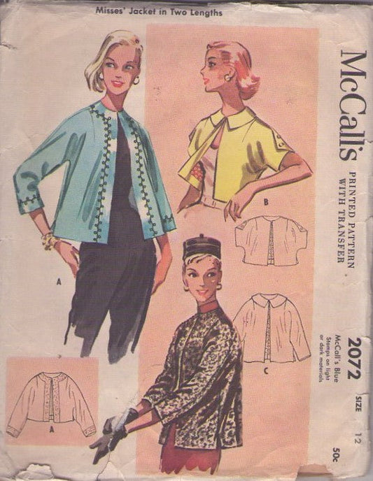 McCall's 2072 Vintage 50's Sewing Pattern Rockabilly Jacket Set, Cropped or Flared Waist Length, Sleeves in 1, Embroidery Trim, 3 Styles Size 12