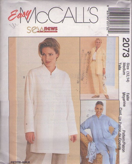McCall's 2073 Retro 90's Sewing Pattern Easy Sew News Blouse, Oversized Long Tunic Top Shirt, Pants Size M 12-14