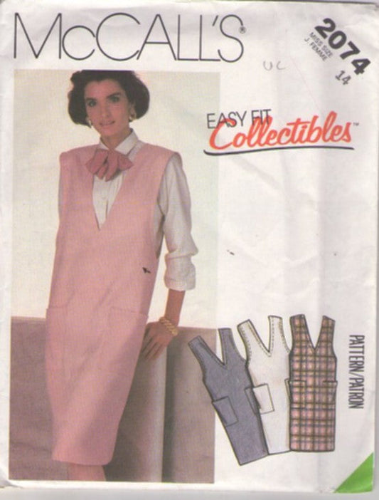 McCall's 2074 Vintage 80's Sewing Pattern Jumper, Easy Fit Collectibles, Grunge Brat Pack, Deep V Neck Straight Fitting Jumper, Dress Size 14