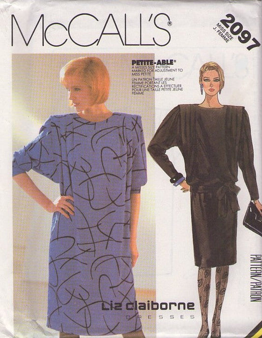 McCall's 2097 Vintage 80's Sewing Pattern Party Dresses, Designer Liz Claiborne Boxy Large Armholes, Shoulder Flanges Straight Dress, Drop Waist Tied Belt Size 12