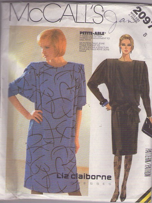 McCall's 2097 Vintage 80's Sewing Pattern Party Dresses, Designer Liz Claiborne Boxy Large Armholes, Shoulder Flanges Straight Dress, Drop Waist Tied Belt Size 8 CUT