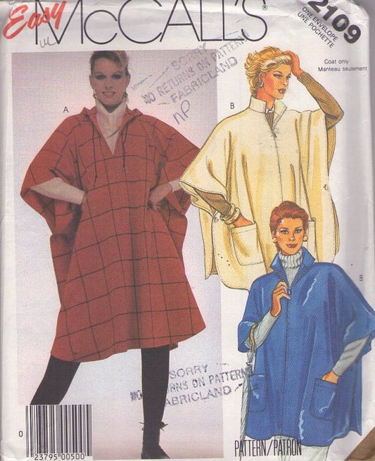McCall's 2109 Vintage 80's Sewing Pattern Easy Cape, Pullover Sports Poncho, Jacket, Coat Size 6-20