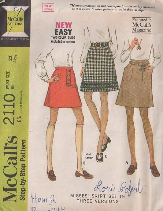 McCall's 2110 Vintage 60's Sewing Pattern Mod Skirt Set, Twiggy Short Mini Styles, Pockets, Button Trims Waist 22