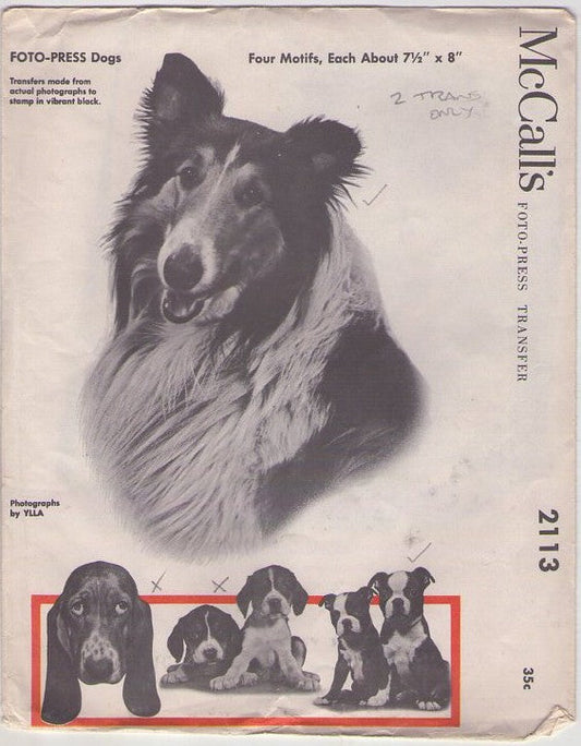 McCall's 2113 Vintage 50's Sewing Pattern Animal Crafts, Unique Foto Press Dogs Black & White Print Transfers Lassie Collie & Boston Terrier Dogs REAL LIFE LOOK Pillows, Blankets, Decorations