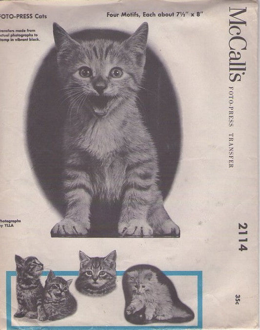 McCall's 2114 Vintage 50's Sewing Pattern Animal Crafts, Unique Foto Press Cats Black & White Print Transfers Kitty Cats REAL LIFE LOOK Pillows, Blankets, Decorations