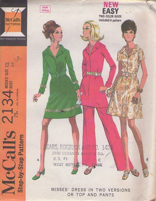 McCall's 2134 Vintage 60's Sewing Pattern Mod Pantsuit, Hostess Tunic Top & Pants, Front Zippered House Dress 2 Styles Size 12
