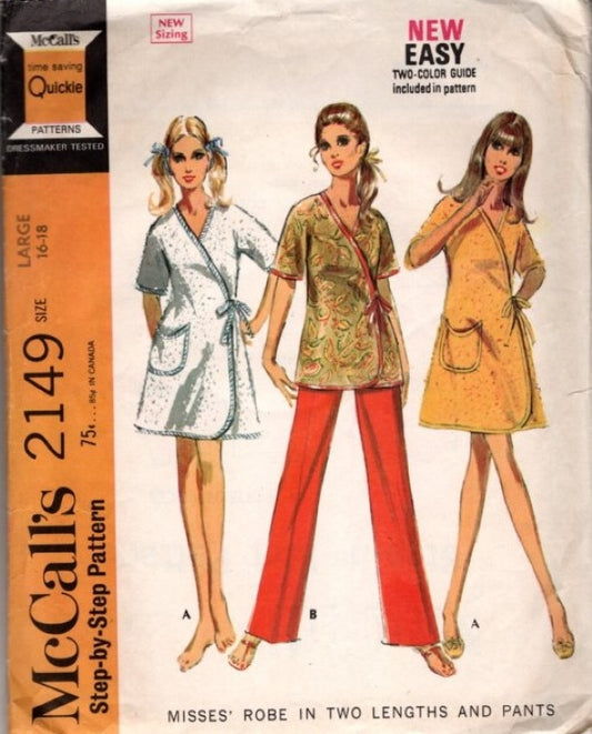 McCall's 2149 Vintage 60's Sewing Pattern Easy Mod Wrap Robe, Smock Top, Dress, Pants Size L 16-18