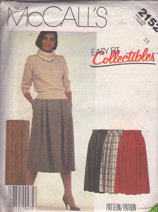 McCall's 2152 Vintage 80's Sewing Pattern Classic Skirts, Easy Fit Collectibles Pleated Front Knee Length Modest Secretary Skirt Set Size 14