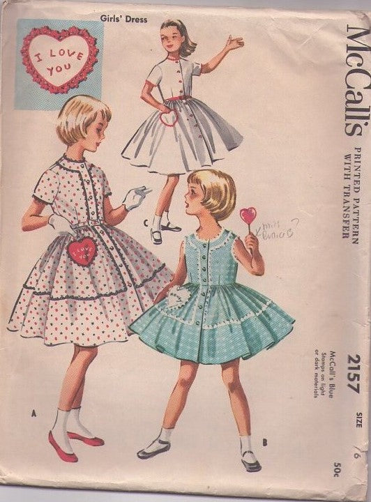 McCall's 2157 Vintage 50's Sewing Pattern Girls' Dresses, Valentine's Day Dance Heart Shaped I LOVE YOU Pocket, Front Buttoned Circular Skirt Dress, Rick Rack Trim 3 Styles Size 6