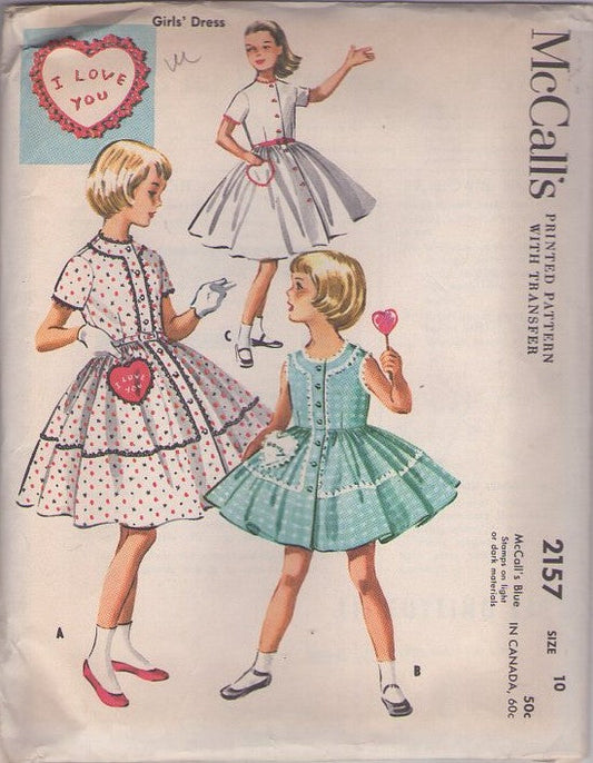 McCall's 2157 Vintage 50's Sewing Pattern Girls' Dresses, Valentine's Day Dance Heart Shaped I LOVE YOU Pocket, Front Buttoned Circular Skirt Dress, Rick Rack Trim 3 Styles Size 10
