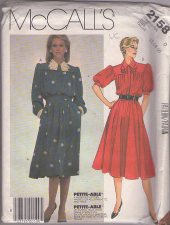 McCall's 2158 Vintage 80's Sewing Pattern Pullover Dress, Flared Secretary Dress, Flared Skirt, Pockets, 2 Styles Size 12-16