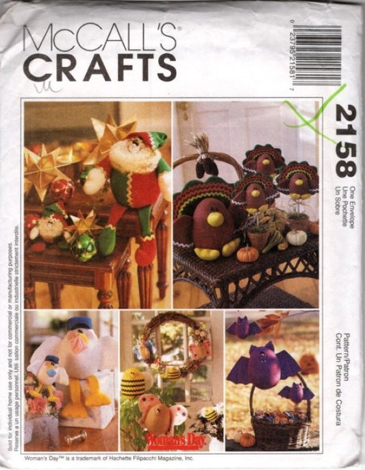 McCall's 2158 Retro 90's Sewing Pattern Whimsical Woman's Day Holiay Crafts, Cute Toy Dolls, Bats, Bees, Elf, Turkeys OZ