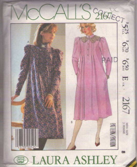 McCall's 2167 Vintage 80's Sewing Pattern Designer Dress, Laura Ashley, Cottagecore Farmcore Modest Flared, Pleated Loose Fit Prairie Dress, Pockets 2 Styles Size 8