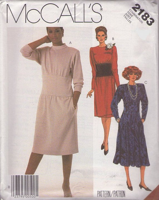 McCall's 2183 Vintage 80's Sewing Pattern Secretary Dress Set, Flattering Fit, Wide Cinched Midriff Flared or Straight Skirt, Office Party Dress Size 6-10