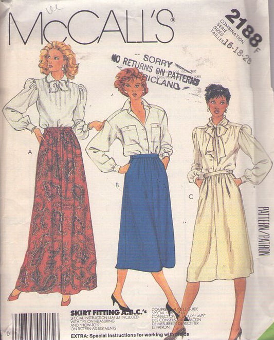 McCall's 2188 Vintage 80's Sewing Pattern Day or Night Skirt, Secretary, Hostess, 2 Lengths, Pleats, Pockets, Size 16-20