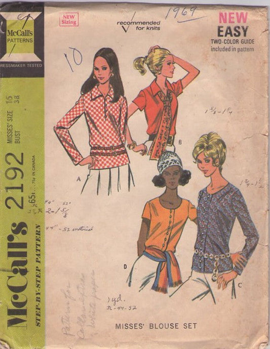 McCall's 2192 Vintage 60's Sewing Pattern Hipster Tops, Mod Tuck In or Over the Hips Polo Shirt, Blouse Set, Size 16