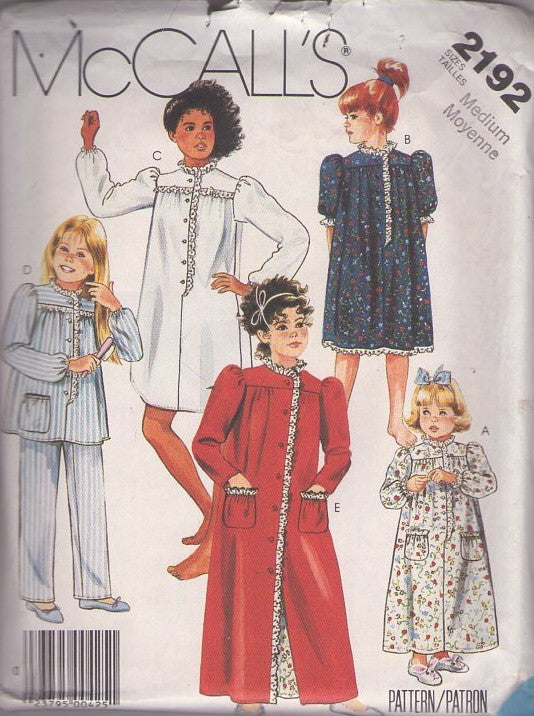 McCall's 2192 Vintage 80's Sewing Pattern Girls' Sleepwear, Modest Lace Trimmed Sleepshirt, Nightgown, Housecoat, Robe, Pajamas Top & Pants Size M