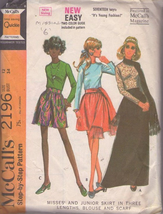 McCall's 2196 Vintage 60's Sewing Pattern Mod Dress Separates, Cocktail Party Hostess Fitted Pullover Blouse, Fringe Scarf, Bell Shaped Mini or Maxi Skirt Size 12