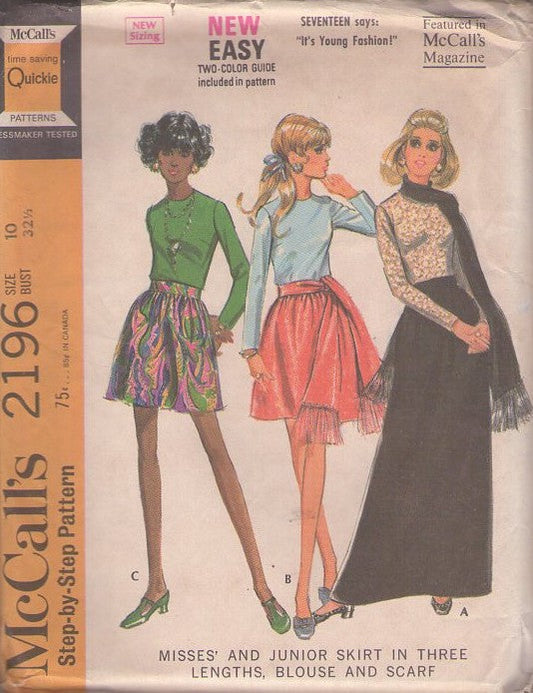 McCall's 2196 Vintage 60's Sewing Pattern Mod Dress Separates, Cocktail Party Hostess Fitted Pullover Blouse, Fringe Scarf, Bell Shaped Mini or Maxi Skirt Size 10