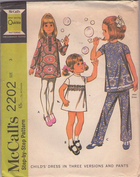 McCall's 2202 Vintage 60's Sewing Pattern Girls' Dress Set, Brady Bunch Mini Dress, Tunic Top & Pants, Pantsuit Size 3