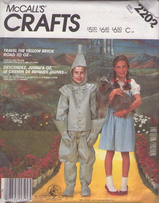McCall's 2202 Vintage 80's Sewing Pattern Wicked Costumes, Follow the Yellow Brick Road, Wizard of Oz, Tin Man & Dorothy, Cosplay Dress, Shirt, Pants, Hat, Gloves Child's Size 4-6