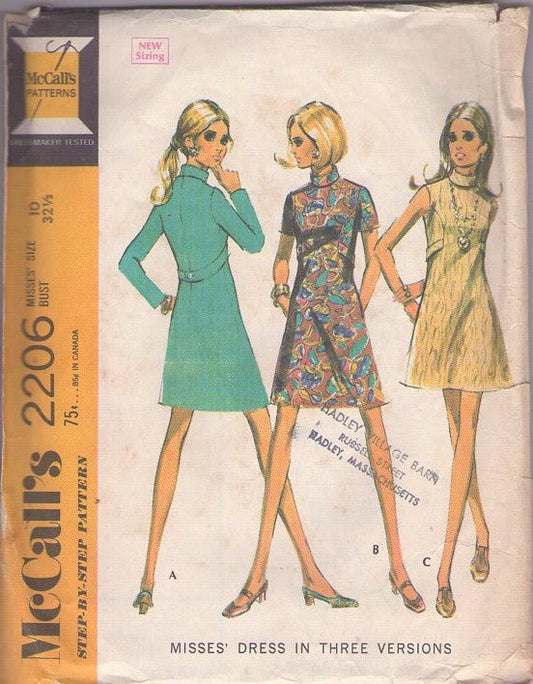 McCall's 2206 Vintage 60's Sewing Pattern Twiggy Dress, Mod Fit & Flared Short or Mini Dress, Collar & Back Martingale Belt 3 Styles Size 10