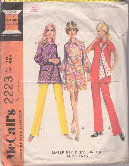 McCall's 2223 Vintage 60's Sewing Pattern Mother To Be Separates, Tented Smock Top, Mini Dress with Balloon Sleeves, Pants Size 10 CUT