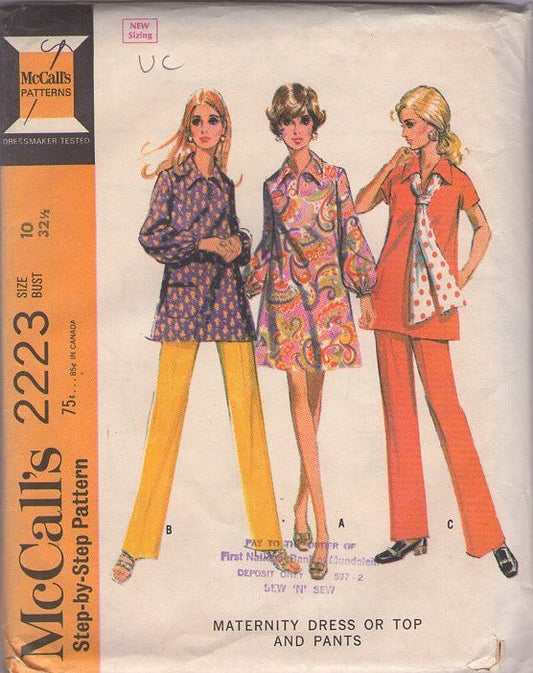 McCall's 2223 Vintage 60's Sewing Pattern Mother To Be Separates, Mod Tented Smock Top, Mini Dress with Balloon Sleeves, Pants Size 10 UNCUT