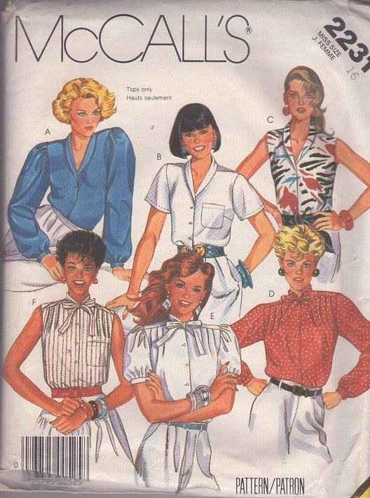 McCall's 2231 Vintage 80's Sewing Pattern Day to Night Blouses, Shawl or Tie Collar Button Up Top, Shirt, Secretary Blouse Set 6 Styles Size 16